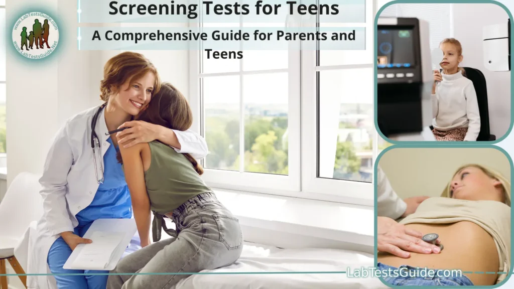 Screening Tests for Teens (Ages 13-18) A diverse group of teenagers receiving various screening tests, including physical exams, vision and hearing checks, and mental health assessments as part of their routine healthcare.