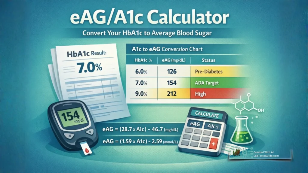A medical professional holding a glucose monitor and a digital tablet showing A1c results