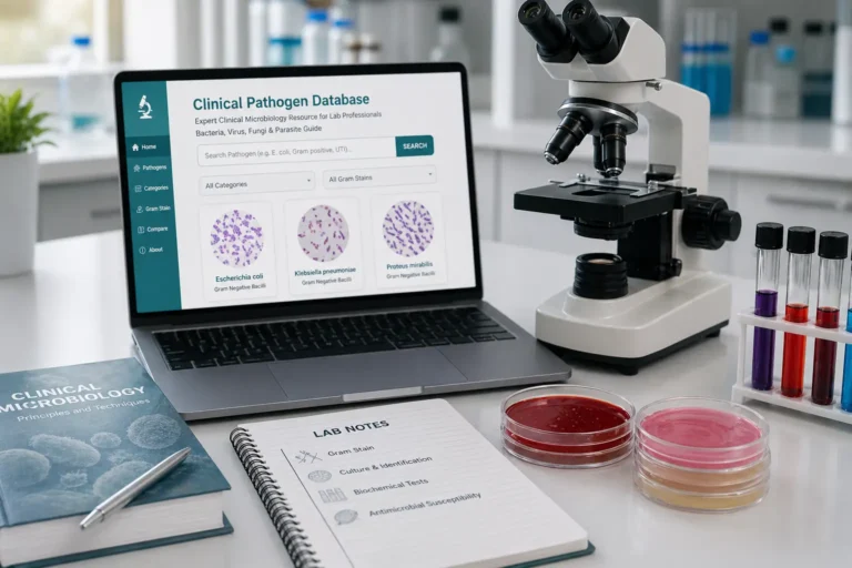 Laptop showing Clinical Pathogen Database beside microscope, petri dishes, and test tubes in a realistic modern microbiology laboratory.