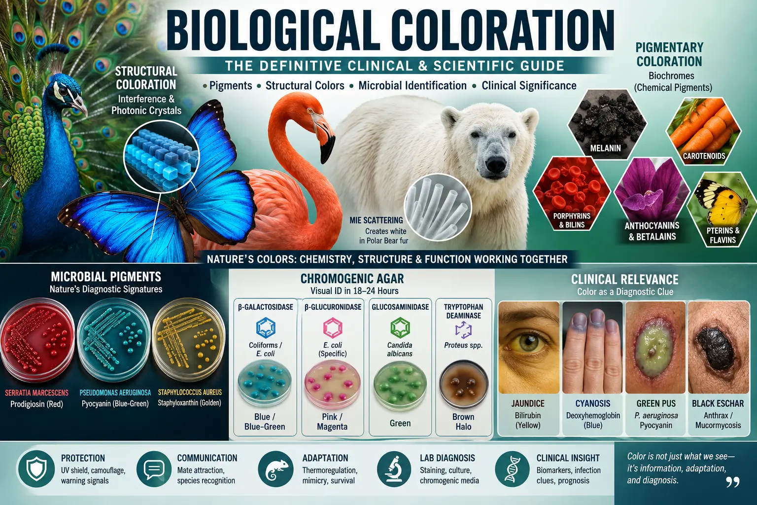 Comprehensive guide to biological coloration: pigmentary vs structural mechanisms, melanin, carotenoids, porphyrins, chromogenic media, bacterial pigmentation, lab identification, and clinical significance.