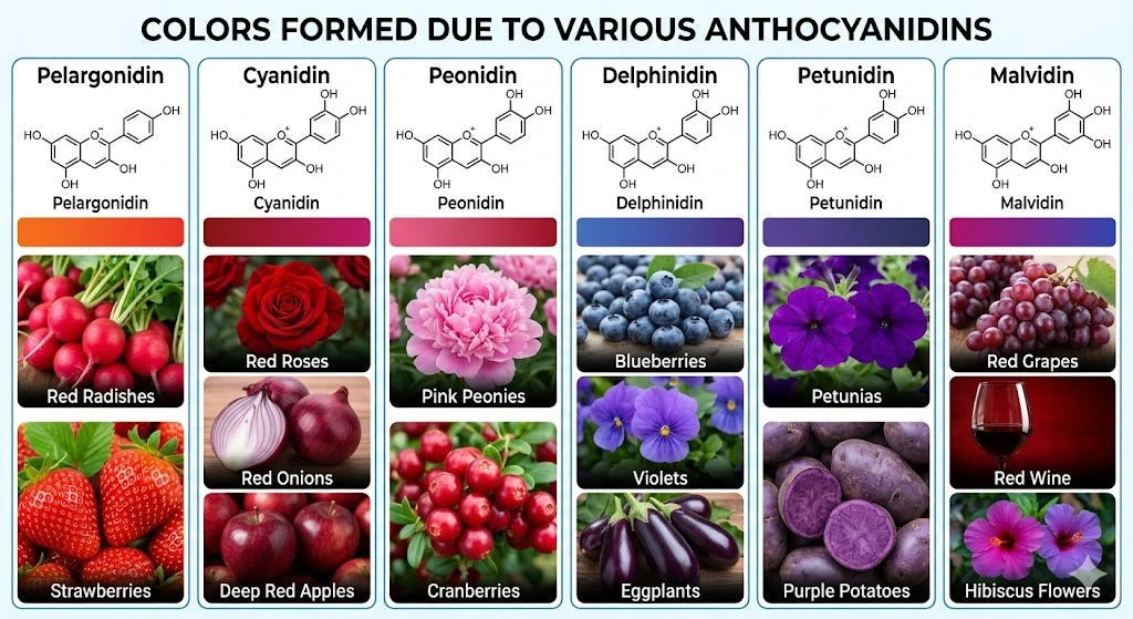 Colors formed due to various Anthocyanidins