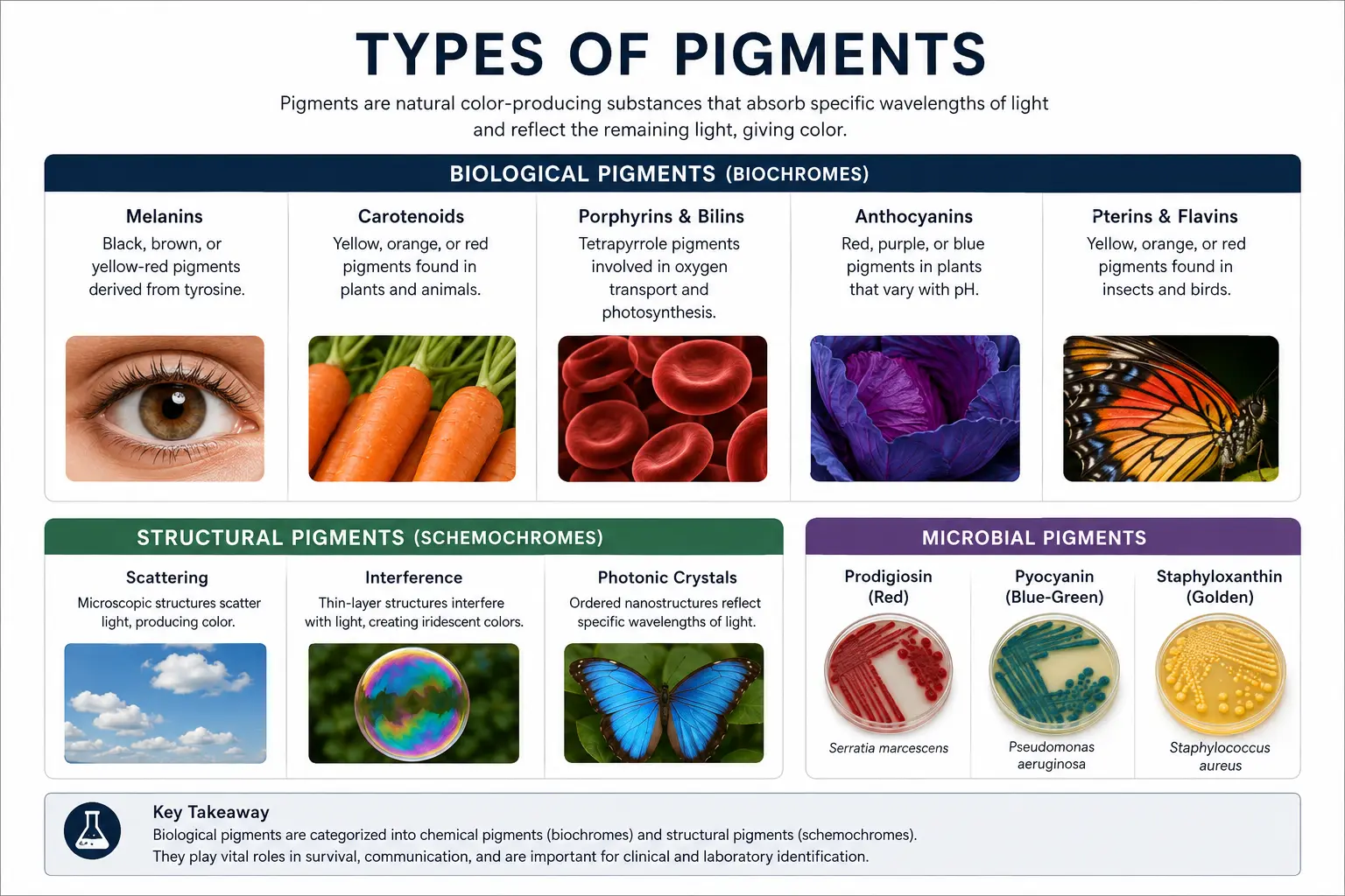 Pigments contain chromophores that selectively absorb light. Their expression is influenced by enzymes, genetics, diet, and environment.