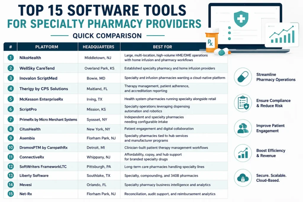 Quick Comparison of 15 Tools - Specialty Pharmacy Software Tools