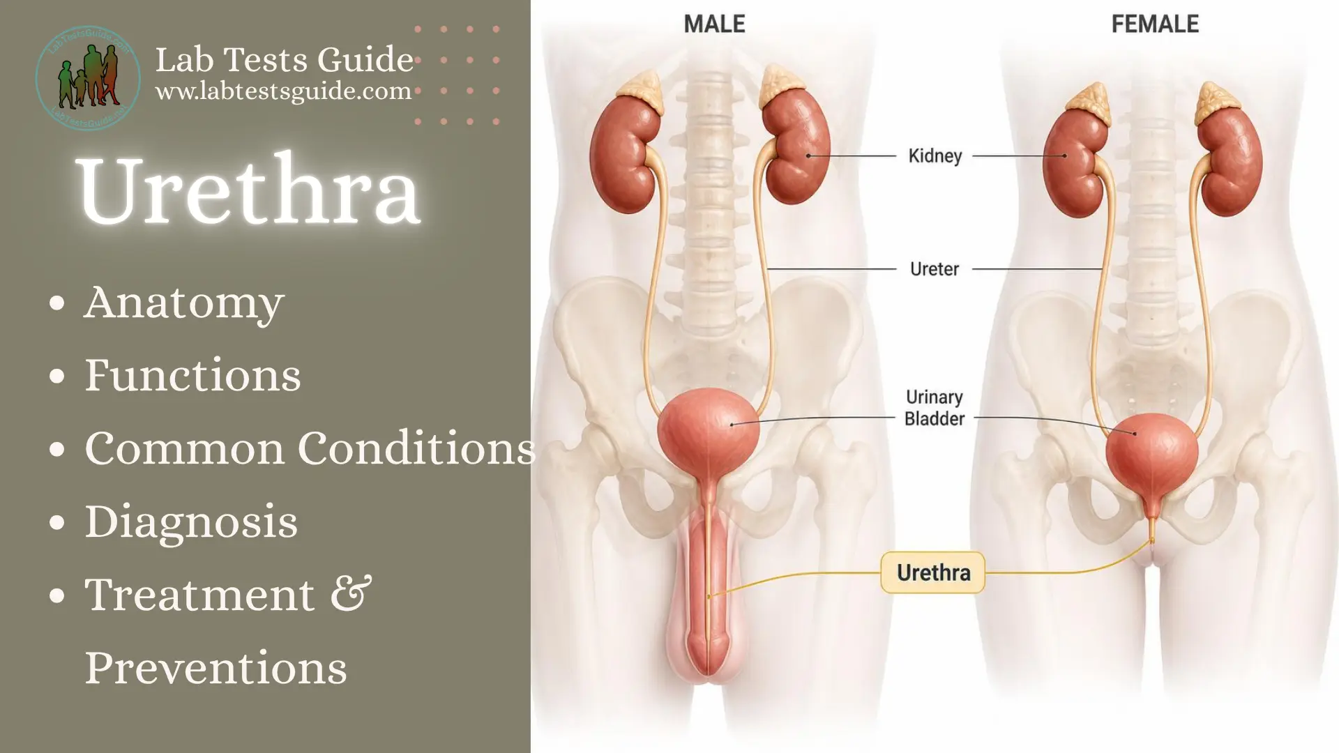 Urethra anatomy showing the urinary bladder, ureters, kidneys, and urethra