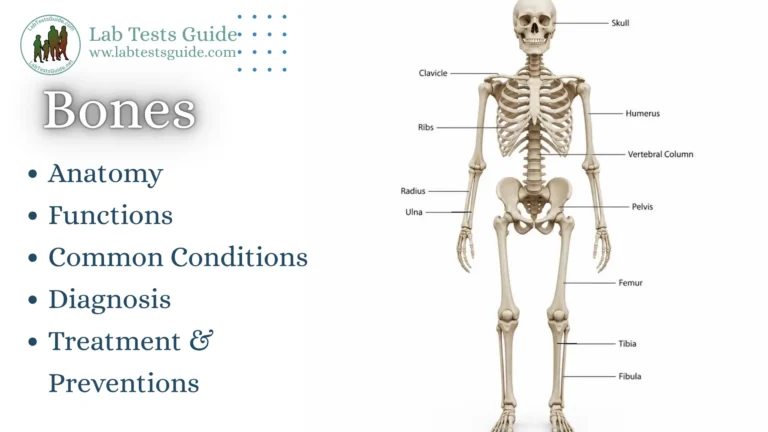 Human skeletal system showing major bones and anatomical labels