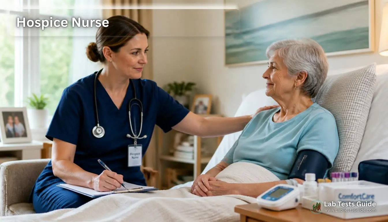 Hospice Nurse Providing Compassionate Patient Care Hospice Nurse providing compassionate comfort-focused care to an older adult patient