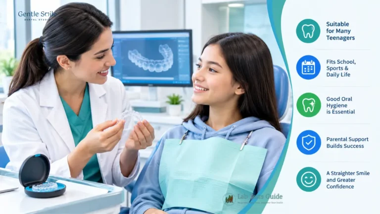 Dentist discussing clear aligner treatment with a teenager in a dental clinic