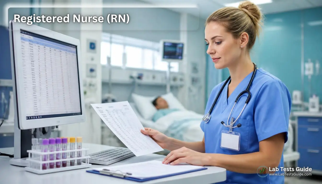 Registered Nurse reviewing patient care information and laboratory test results in a clinical setting